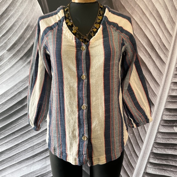 Anthropologie Cloth & Stone Top M Striped Denim Nubby Cotton Button Front - Picture 1 of 14